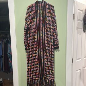 Colorful Long Knit Cardigan with Fringe